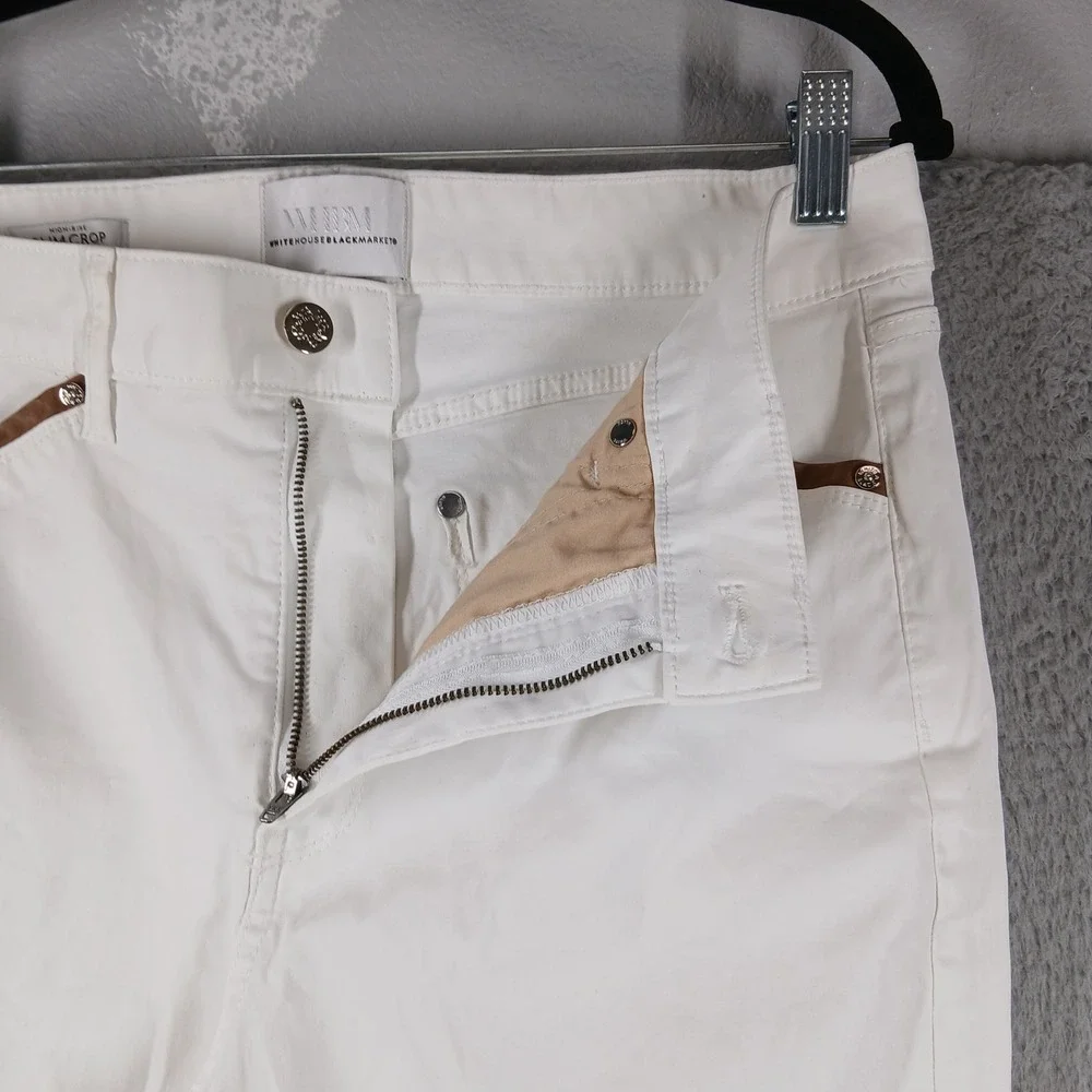WHBM High Rise Slim Crop Pants Off White‎ Tan Pocket Trim Size 14